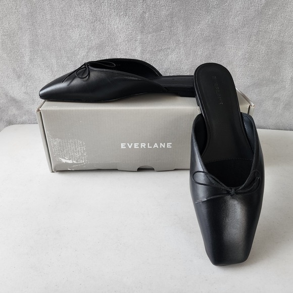 Everlane Shoes - Everlane Ballet Mule Flats Womens Size 9 Leather Black Square Toe Shoes Bow NIB